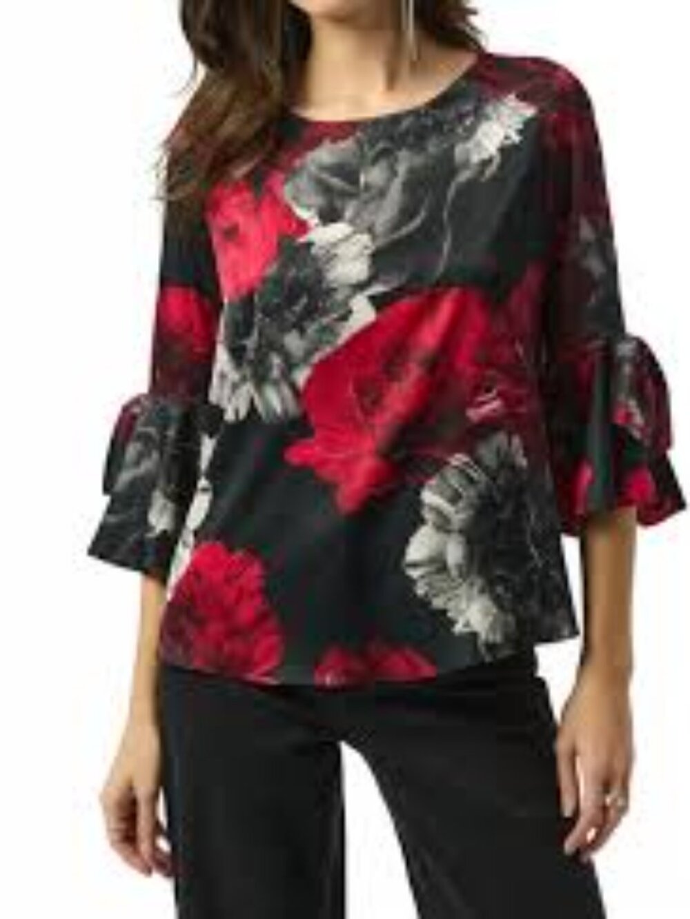 Joseph Ribkoff Size 12 Red Black Floral Bow Sleeve Blouse